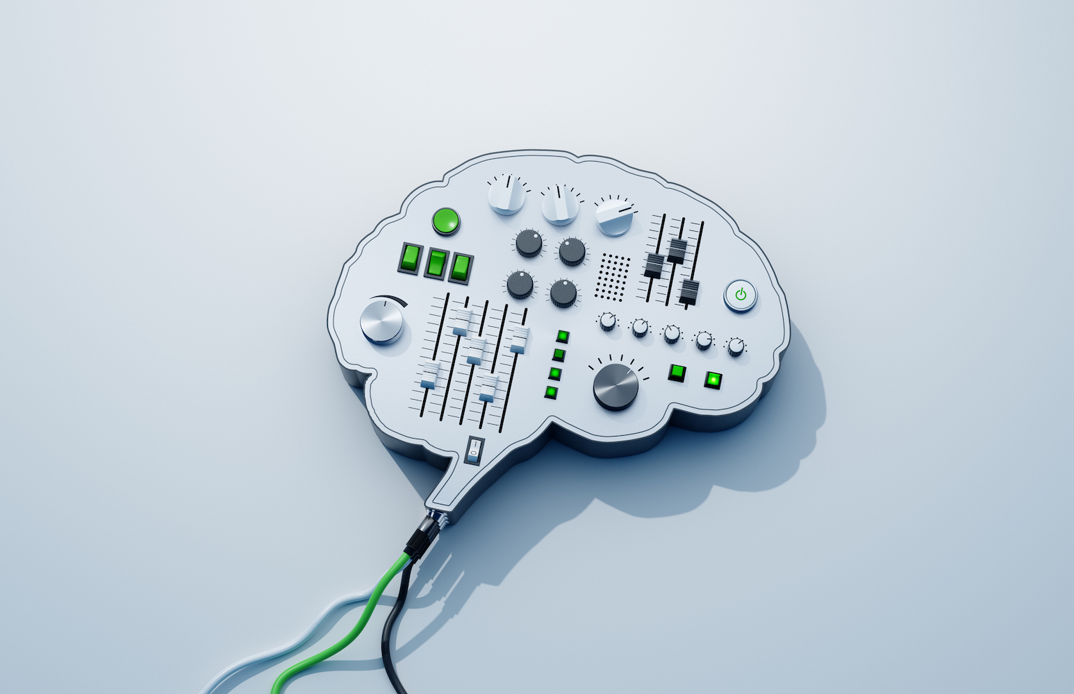 digitally generated image of a brain-shaped console with buttons and knobs