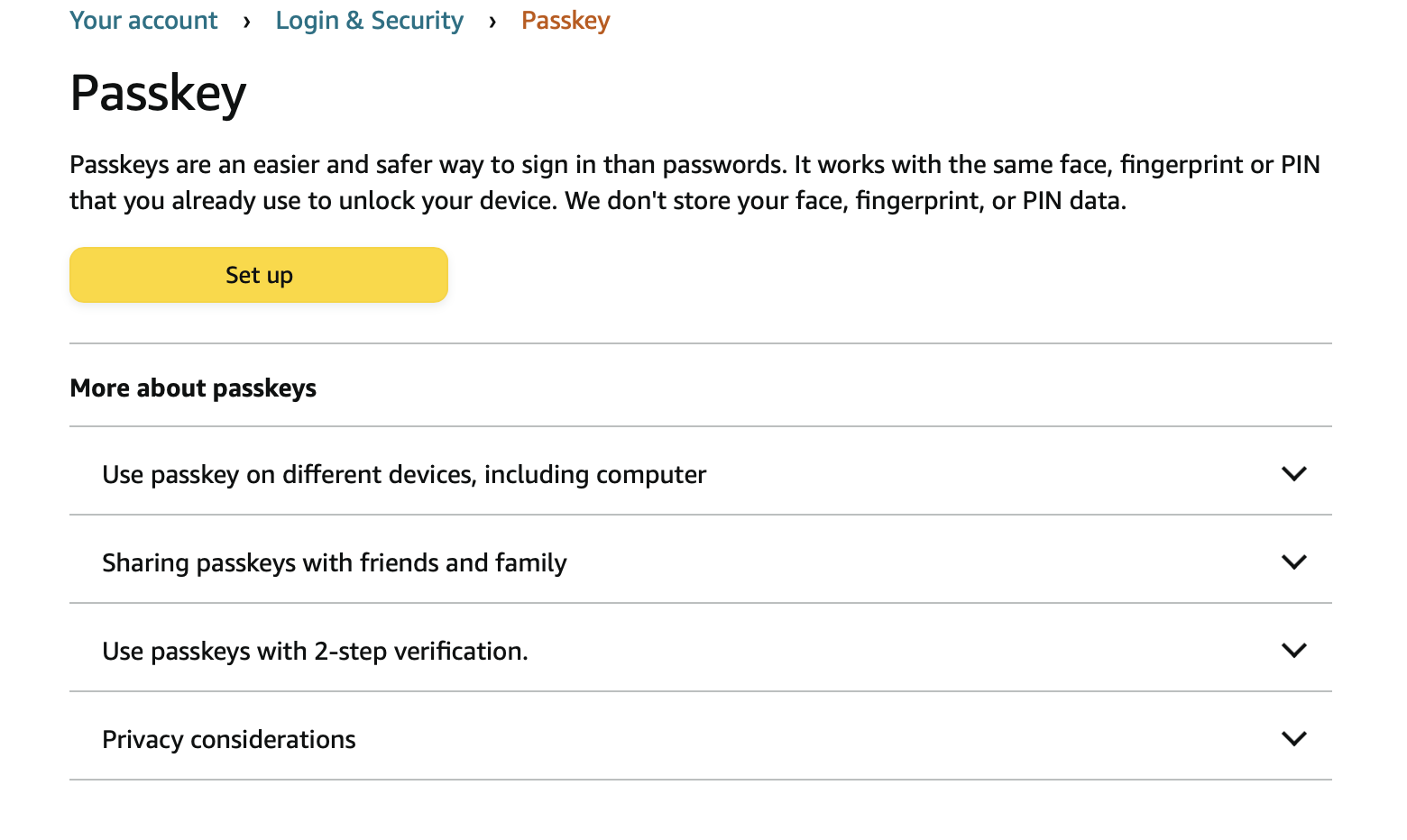 A screenshot showing passkey set up in Amazon's settings.