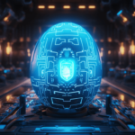 A glowing blue egg covered with circuits rests inside a hall of glowing yellow light.