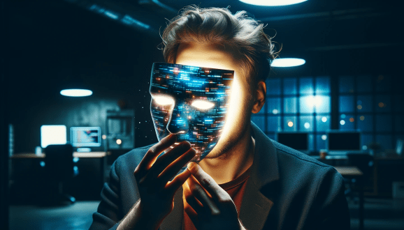 A masculine presenting person removes a mask made of glowing computer code to reveal a glowing surface in place of his face.