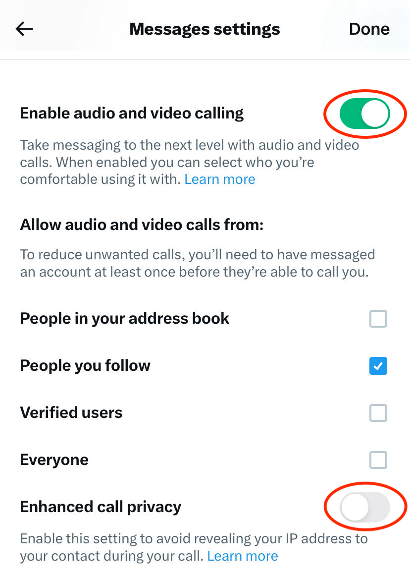 A screenshot of the settings for X's audio and video calling feature for iOS.