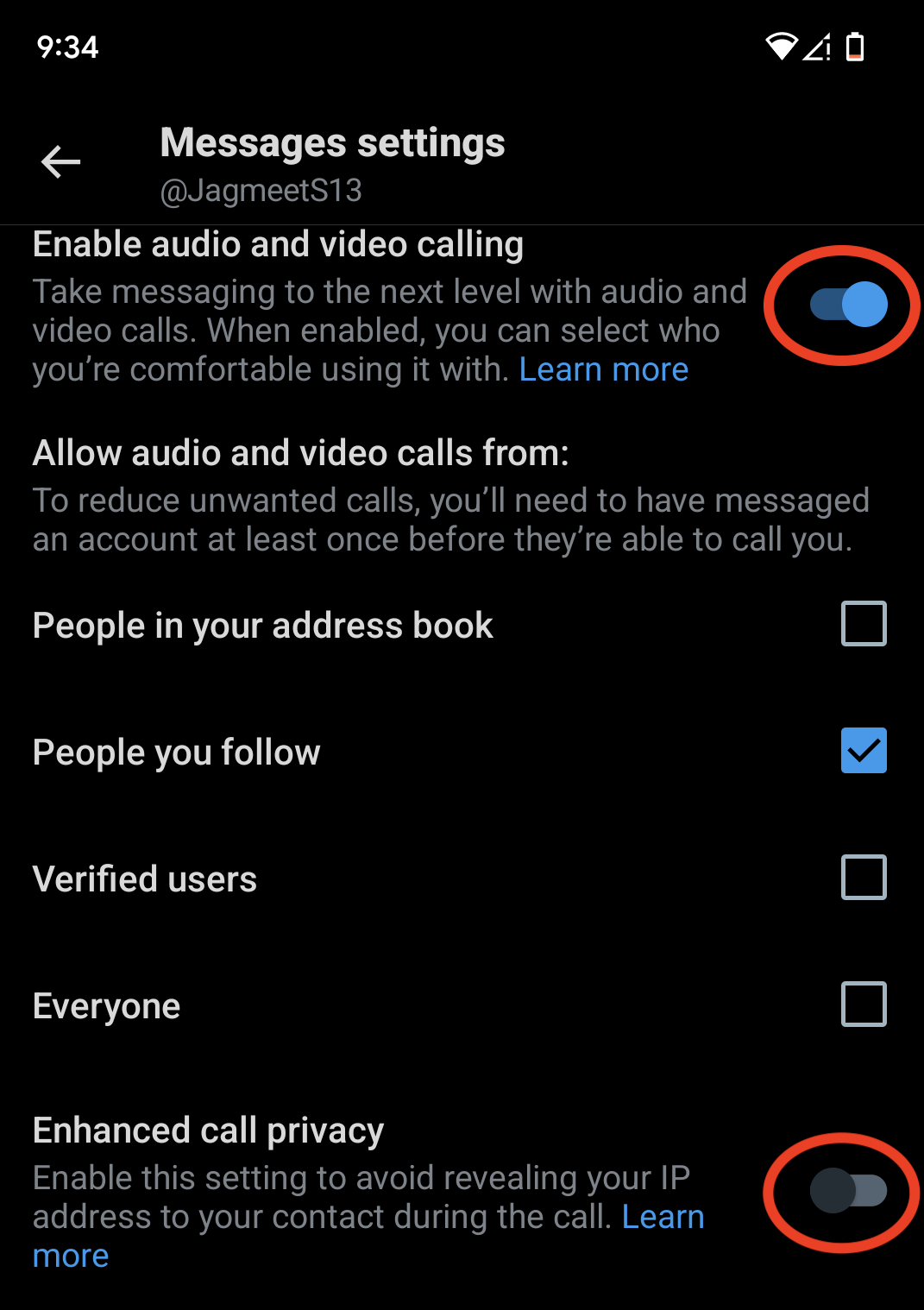 A screenshot of the settings for X's audio and video calling feature for Android.