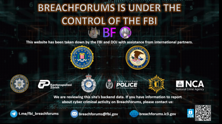 A screenshot of the homepage of the cybrecrime forum Breachforums, after the FBI seized in on May 15, 2024.