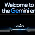 In this photo illustration a Gemini logo and a welcome message on Gemini website are displayed on two screens.