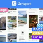 Genspark homescreen. Text reads "100,000+ pages generated by AI"