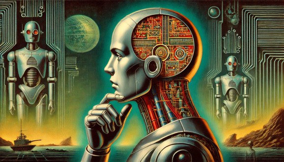 A golden age sci-fi book style illustration of a silver humanoid robot in profile with head cut away diagram revealing circuits