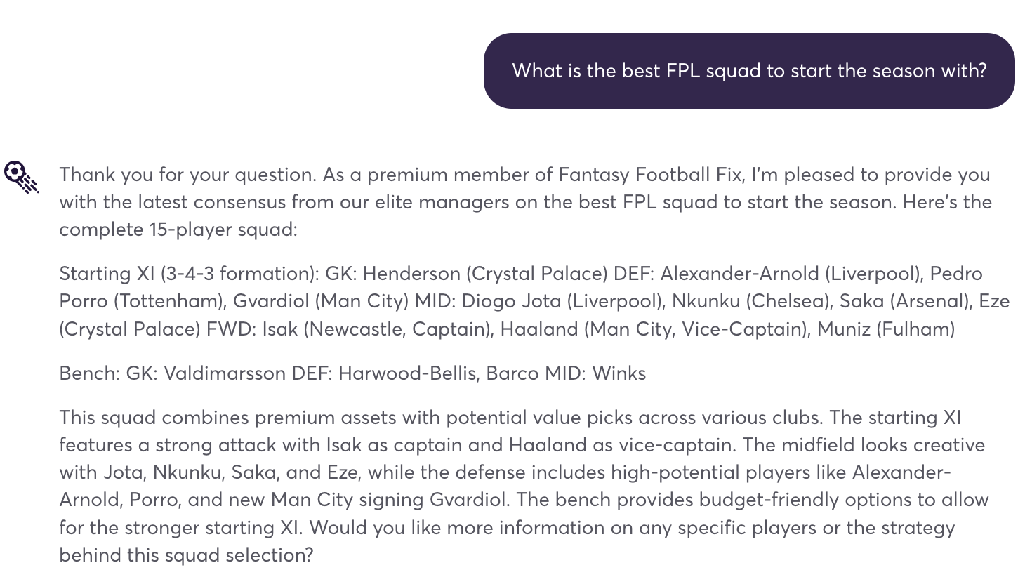 Advice from ChatFPL team on the best fantasy football team