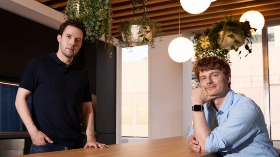 Bryan McCann, left, CTO of You.com, and Richard Socher, the company's CEO, at their office in Palo Alto, Calif. The co-founders are spearheading the development of AI-powered "productivity engines" for enterprise use. (Credit: You.com)