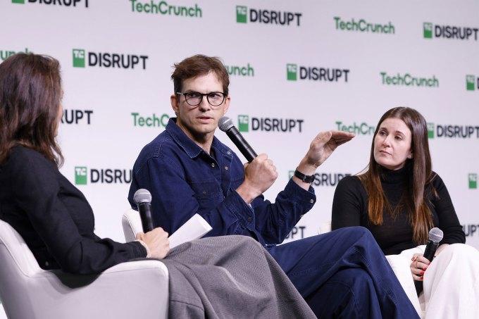 SAN FRANCISCO, CALIFORNIA - OCTOBER 29: (L-R) Ashton Kutcher and Effie Epstein speak onstage during TechCrunch Disrupt 2024 Day 2 at Moscone Center on October 29, 2024 in San Francisco, California. (Photo by Kimberly White/Getty Images for TechCrunch)