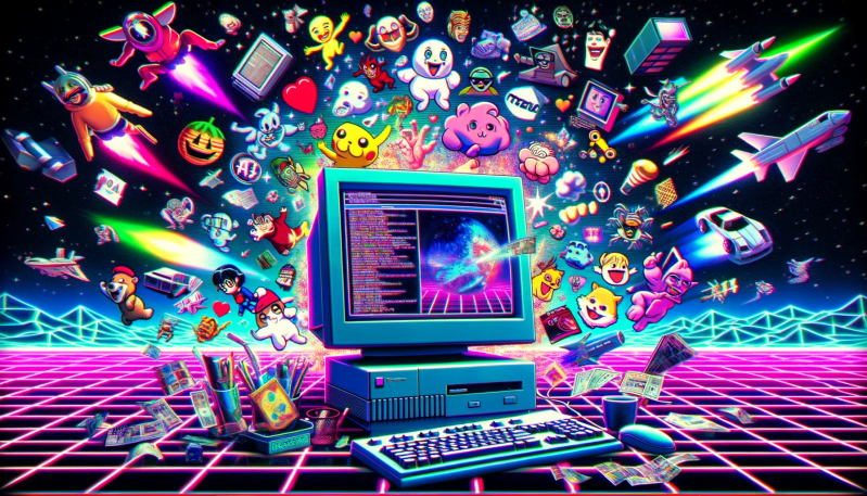 Various meme-like icons fly out of a computer against a wireframe background in a synthwave style.