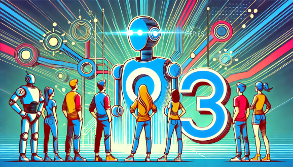 Colorful image of people staring at a robot with text floating before it o3