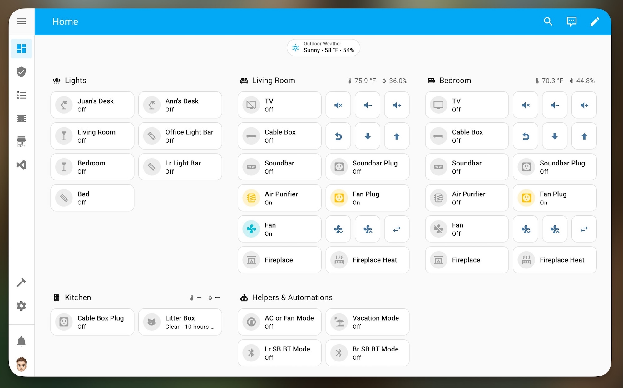 a screenshot of a web-based Home Assistant panel, showing all of the smart home devices in a person's home, including lights, living room devices, and weather/humidity and other sensors.