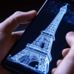 POV light skin hands holding smartphone displaying 3D wireframe white eiffel tower on black background