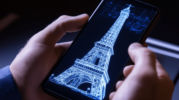 POV light skin hands holding smartphone displaying 3D wireframe white eiffel tower on black background