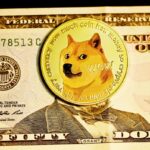 fifty dollar bill with a doge coin covering Grant's face