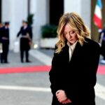 Italian Prime Minister Giorgia Meloni waits in the courtyard for the President of the Slovak Republic, Peter Pellegrini at Palazzo Chigi on January 14, 2025 in Rome, Italy.