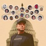 an illustration of Elon Musk, stood in front of a graphic of the U.S. Capitol, with various faces around Musk of those who are in his inner circle, including DOGE members.