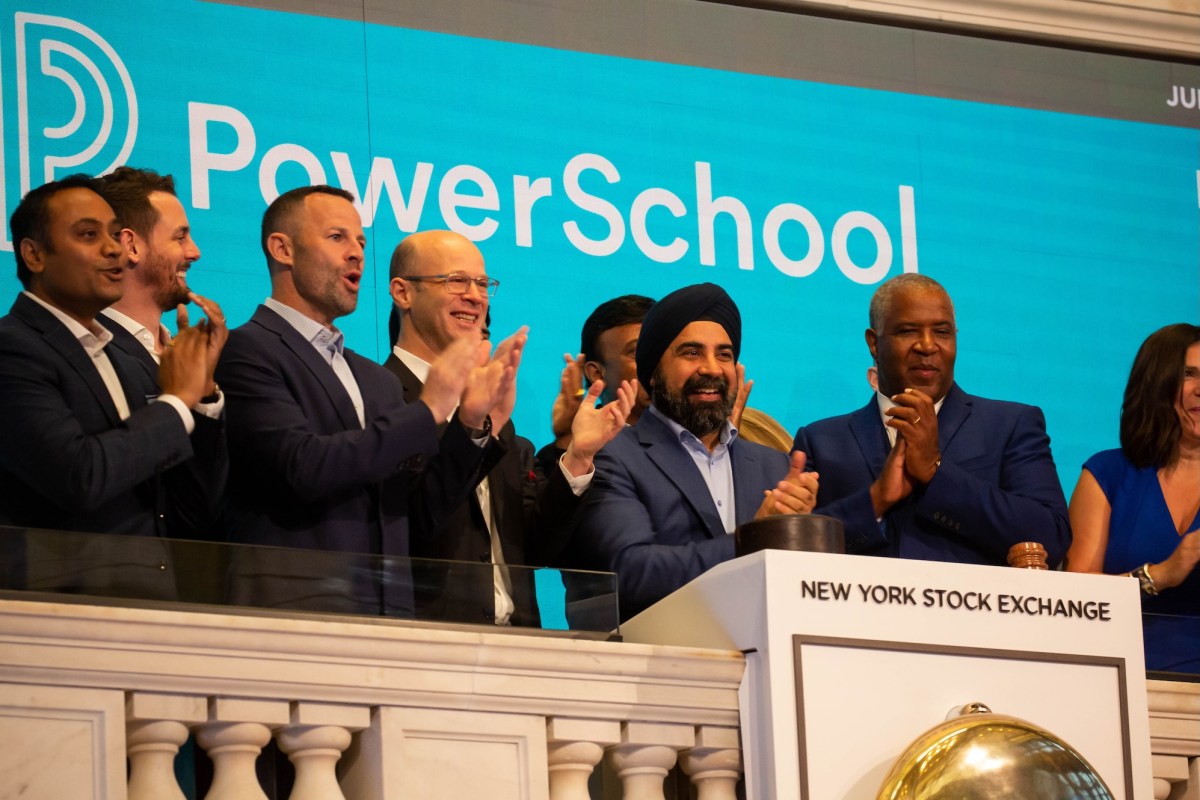 a photo of PowerSchool executives ringing the opening bell at the New York Stock Exchange